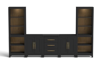 Black wooden entertainment center with gold handles, featuring two tall open shelves, two lower open shelves, two double-door cabinets, and three central drawers.