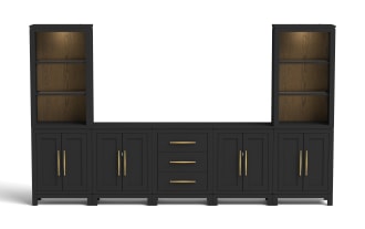 Black wooden entertainment center with matte finish, featuring two tall open shelves with warm wood backing, four double-door cabinets, and three central drawers with gold handles. Designed for living room storage and media organization.