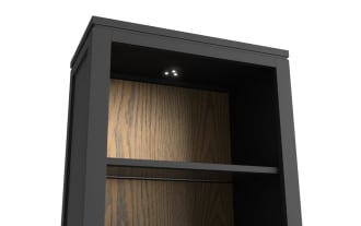 Black wooden modular storage unit with open shelves and closed cabinets, featuring gold handles and warm wood grain back panels, ideal for living rooms or offices.