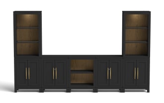 Black wooden modular storage unit with open shelves and closed cabinets, featuring gold handles and warm wood grain back panels, ideal for living rooms or offices.