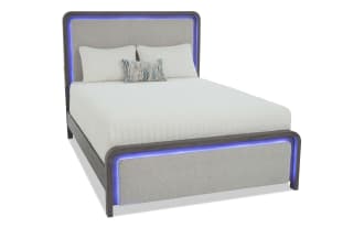 Cascade 4 Piece Twin Gray & Beige Upholstered Panel Bedroom Set with plush polyester fabric, MDF frame, built-in USB ports, and LED lighting in transitional style