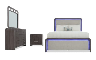 Cascade 4 Piece Twin Gray & Beige Upholstered Panel Bedroom Set with plush polyester fabric, MDF frame, built-in USB ports, and LED lighting in transitional style