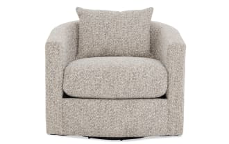 Beige and cream textured fabric swivel armchair with a rounded back and matching cushion, designed for modern living room comfort.