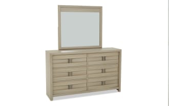 Light wood dresser with six drawers and matching rectangular mirror, featuring a modern design with integrated handles, ideal for bedroom storage.