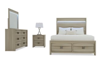 Modern bedroom set featuring a light oak wood finish with a king-size bed, matching dresser with mirror, and two-drawer nightstand with lamp.