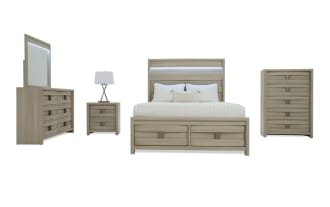 Modern bedroom furniture set in light wood finish, including a bed with storage drawers, dresser with mirror, nightstand, and chest of drawers.