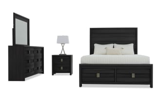 Dark wood bedroom set with a queen bed featuring a paneled headboard and footboard, matching dresser with mirror, and two-drawer nightstand with lamp.
