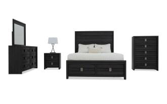 Modern black wood bedroom set with a queen bed, dresser with mirror, nightstand, chest of drawers, and white bedding.