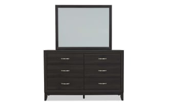 Dark wood dresser with six drawers and silver handles, topped with a matching rectangular mirror, featuring a modern, sleek design.