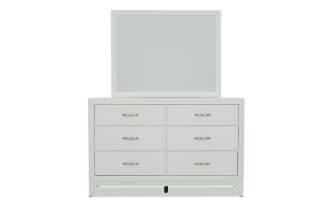 White wooden dresser with six drawers and silver handles, topped with a large rectangular mirror, modern minimalist bedroom furniture.