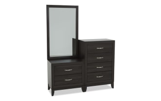 Dark wood dresser set with a tall mirror, featuring two large drawers on the left and four smaller drawers on the right, modern metal handles.