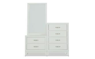 White modern dresser with a tall mirror on the left side and two drawers below it, paired with a four-drawer chest on the right, featuring sleek metal handles and a minimalist design.