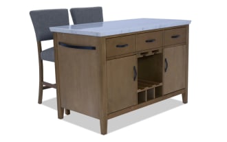Wooden bathroom vanity cabinet with a white marble countertop, three drawers, two doors, and a central wine rack storage.