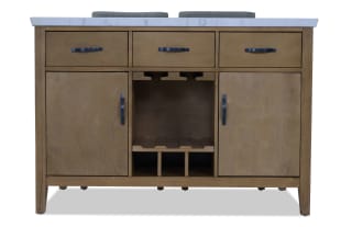 Wooden bathroom vanity cabinet with a white marble countertop, three drawers, two doors, and a central wine rack storage.