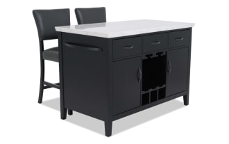 Black kitchen island with white marble countertop, featuring three drawers, two cabinets, wine rack, and two matching black leather bar stools.