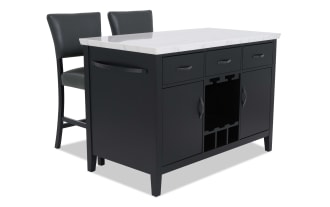 Black kitchen island with white marble countertop, featuring three drawers, two cabinets, wine rack, and two matching black leather bar stools.