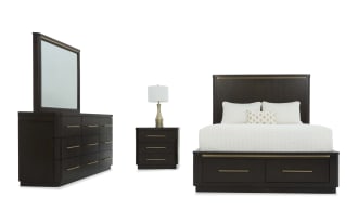 Dark wood bedroom set with a large dresser and mirror, three-drawer nightstand with brass lamp, and bed with storage drawers and brass accents.