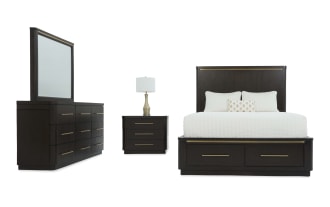 Dark wood bedroom set with a dresser and mirror, three-drawer nightstand with brass lamp, and a bed featuring storage drawers and brass accents.