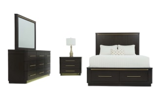 Luxe 4 Piece King Brown Storage Bedroom Set w/ Travertine Nightstand