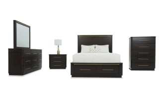 Dark wood bedroom set with a king bed featuring storage drawers, matching dresser with mirror, nightstand, and chest of drawers, modern design.