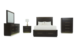 Luxe 5 Piece King Brown Storage Bedroom Set w/ Travertine Nightstand
