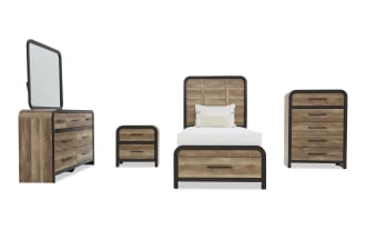Modern bedroom furniture set with rustic wood finish and black metal accents, including a twin bed with headboard, dresser with mirror, nightstand, and chest of drawers.