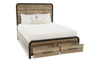 Modern bedroom furniture set featuring a queen bed, dresser with mirror, nightstand, and chest in rustic wood finish with black metal accents.