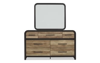 Wooden dresser with six drawers and three smaller top drawers, featuring black metal handles and a matching rectangular mirror with rounded corners, ideal for bedroom storage and decor.