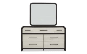Modern dresser with six light wood-finish drawers and three smaller top drawers, featuring black rounded frame and matching square mirror.