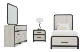 Modern bedroom set with light wood finish and dark brown trim, featuring a dresser with mirror, two-drawer nightstand with lamp, and a twin bed with headboard and footboard.