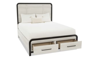 Contemporary bedroom set with light wood finish and black metal accents, featuring a queen bed with storage drawers, matching dresser with mirror, and two-drawer nightstand.