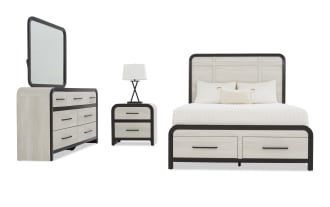 Contemporary bedroom set with light wood finish and black metal accents, featuring a queen bed with storage drawers, matching dresser with mirror, and two-drawer nightstand.