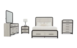Modern bedroom furniture set with light wood finish and dark trim, including a bed with storage drawers, dresser with mirror, nightstand, and chest of drawers.