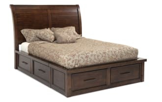 Hudson 4 Piece King Pecan Storage Platform Bedroom Set with transitional sleigh bed, six storage drawers, dresser with mirror, and nightstand with USB ports. Made from rubberwood, pine solids, MDF, mango veneers, and pewter hardware in warm pecan finish.