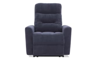Dark blue fabric upholstered recliner chair with cushioned backrest and armrests, designed for comfort and relaxation in living rooms.