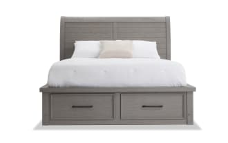 Hudson 4 Piece Queen Gray Storage Platform Bedroom Set with transitional style, rubberwood and mango veneer, sleigh bed with 6 storage drawers, dresser with mirror, nightstand with USB ports, pewter hardware, gray finish.