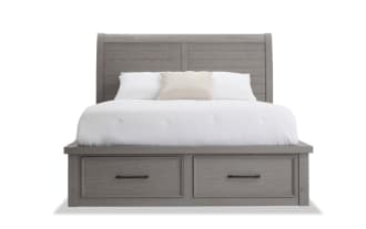 Hudson 5 Piece Queen Gray Storage Platform Bedroom Set in transitional style, featuring rubberwood, pine, mango veneer, and pewter hardware. Includes paneled sleigh bed with six storage drawers, dresser with mirror, chest, and nightstand with USB and power outlets.