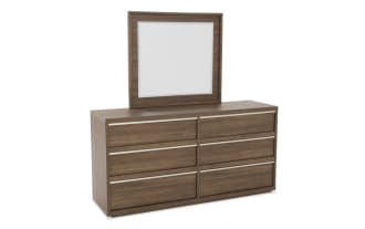 Six-drawer wooden dresser with a matching square mirror, featuring a walnut finish and modern minimalist design for bedroom storage.