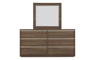 Six-drawer wooden dresser with a matching square mirror, featuring a walnut finish and modern minimalist design for bedroom storage.