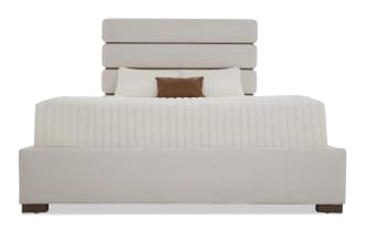 Delray King Brown & White Upholstered Panel Bed in white polyester fabric with contemporary MDF frame, featuring a tall segmented headboard and low-profile footboard.