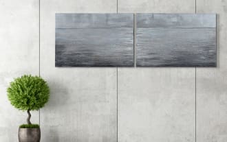 Set of 2 100% Handpainted Silver Sea Art Canvases