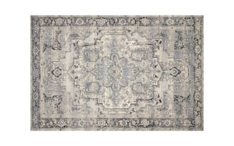 Roy 3' x 5' Gray Oriental Indoor/Outdoor Rug with traditional design, low-pile polypropylene and polyester blend in gray, silver, light blue, and charcoal tones.