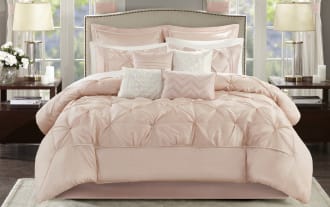 Alan California King Blush Solid 24 Piece Comforter Set in blush and white polyester fabric, featuring a contemporary style with multiple pillows, shams, sheets, bed skirt, and window treatments for a complete bedroom makeover.