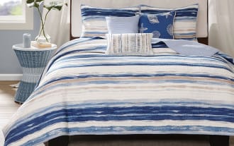 Lucas King/California King Blue 6 Piece Coverlet Set with blue, navy, taupe, cream striped cotton and polyester fabric, transitional coastal style, includes quilted pillows and shams.