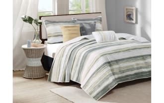 Lucas King/California King Gray 6 Piece Reversible Quilt Set with coastal blue, white, gray, and yellow stripes, microfiber fabric, and quilted accent pillows.