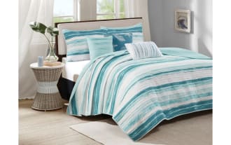 Lucas Full/Queen Aqua 6 Piece Reversible Quilt Set with white, aqua, and teal striped microfiber polyester coverlet, 3 quilted pillows, and 2 shams in coastal style