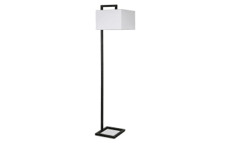 Clow 68'' Blackened Bronze Floor Lamp with square metal arc base and white linen French drum shade, transitional style lighting for living rooms or offices.