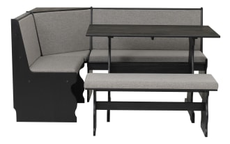 Black wooden corner dining nook set with gray fabric cushions, featuring an L-shaped bench, rectangular table, and matching bench seat.