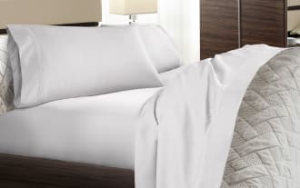 MyBob's Twin XL white solid premium modal 3-piece sheet set with smooth sateen weave, elastic fitted sheet, and deep pockets for mattresses up to 18 inches.