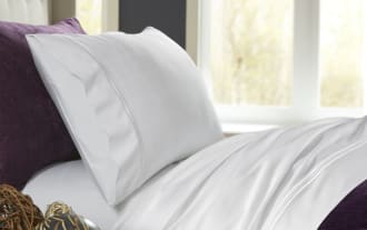 MyBob's Twin XL white solid premium bamboo rayon and cotton 3-piece sheet set with elastic fitted sheet, flat sheet, and enveloping pillowcase in traditional style.